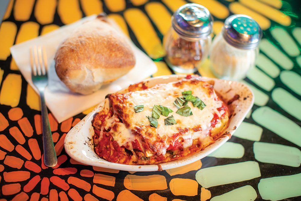 The homemade lasagna at Lupi's Pizza in downtown Chattanooga, TN, is made using eggs from Feathers and Fruit Farm.