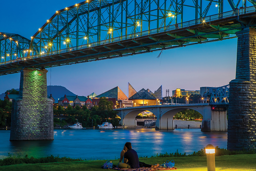 The skyline of Chattanooga seen from Coolidge Park across the Tennessee River.
