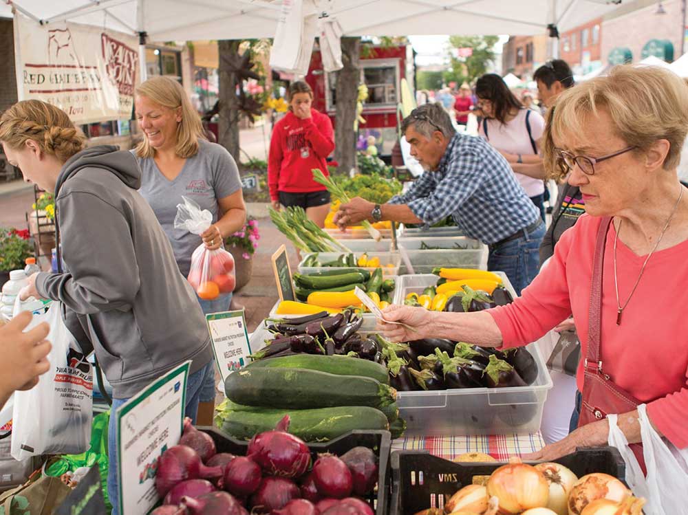 Ames Main Street Farmers Market outdoor vendors and crowds in Iowa