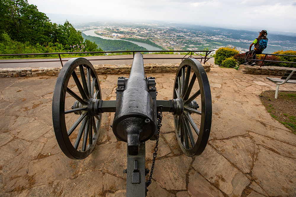 A cannon points towards downtown Chattanooga at Signal Point in Signal Mountain, Tennessee.