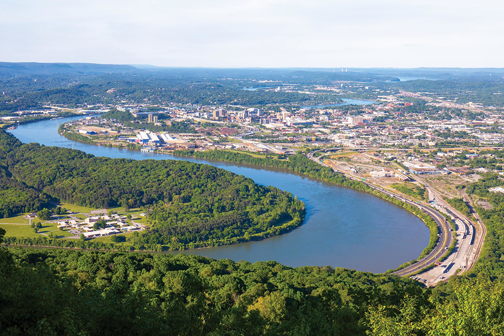 Signal Point in Signal Mountain, TN, offers a bird's-eye-view of the Tennessee River winding around downtown Chattanooga.