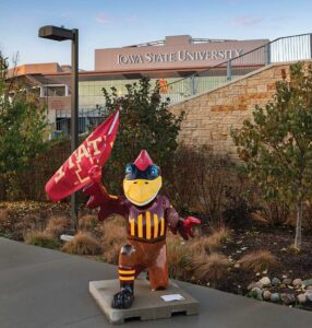 A Cy the Cardinal statue stands near the Jack Trice Stadium on the Iowa State University campus in Ames.