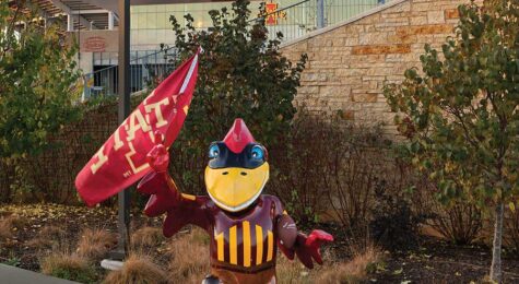 A Cy the Cardinal statue stands near the Jack Trice Stadium on the Iowa State University campus in Ames.