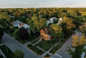 Historic homes in the Old Town Historic District in downtown Ames, Iowa. Drone photo.