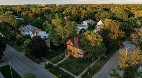 Historic homes in the Old Town Historic District in downtown Ames, Iowa. Drone photo.
