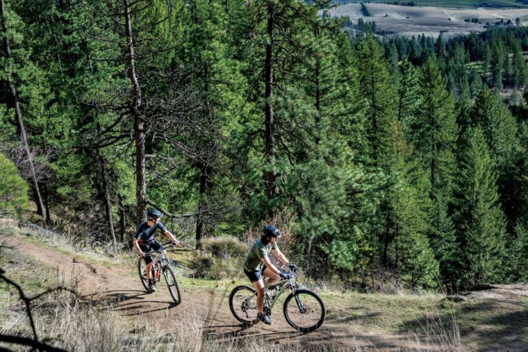 Colin Priebe, his child Alex, and Dominic MacIsaac bike on the Penstemon Path in Moscow, Idaho