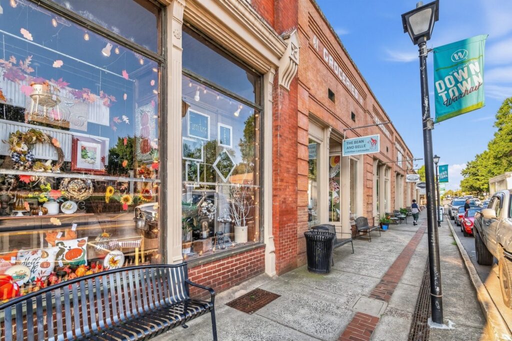 Sidewalk in Waxhaw, NC with shops
