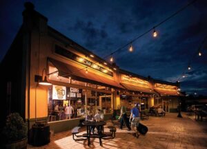 Local shops and brewery patios on Market Street in downtown Mount Airy North Carolina.