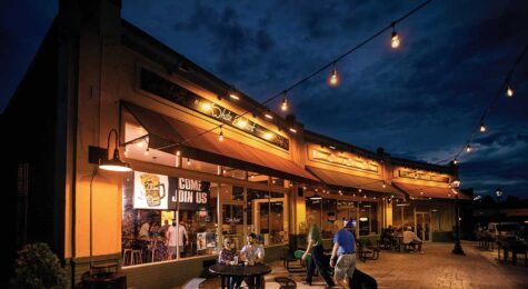 Local shops and brewery patios on Market Street in downtown Mount Airy North Carolina.