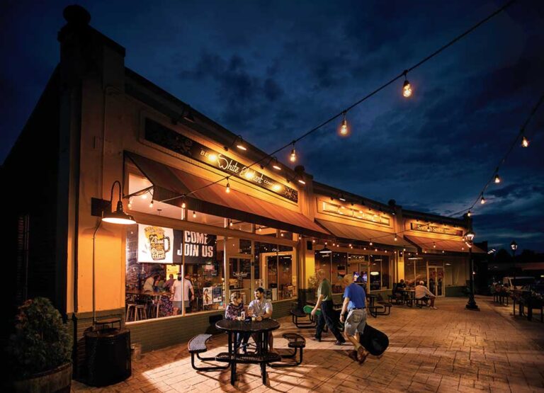 Local shops and brewery patios on Market Street in downtown Mount Airy North Carolina.