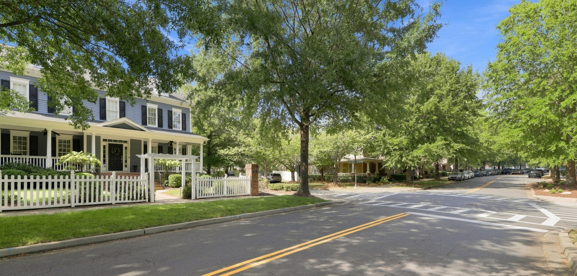 Looking down the street of homes in Baxter Village, Fort Mill, SC