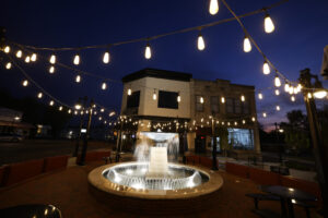 New fountain and square light up at dusk in dowtown Mt. Pleasant, Tennessee.