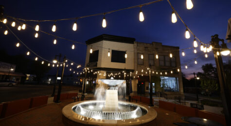 New fountain and square light up at dusk in dowtown Mt. Pleasant, Tennessee.