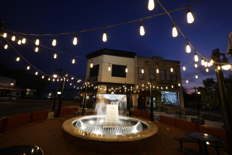 New fountain and square light up at dusk in dowtown Mt. Pleasant, Tennessee.