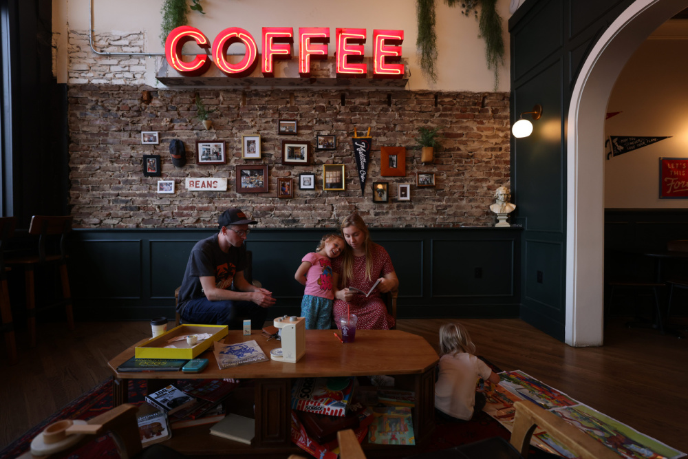 Families spend time at Muletown Coffee Roasters in downtown Columbia, Tenessee.