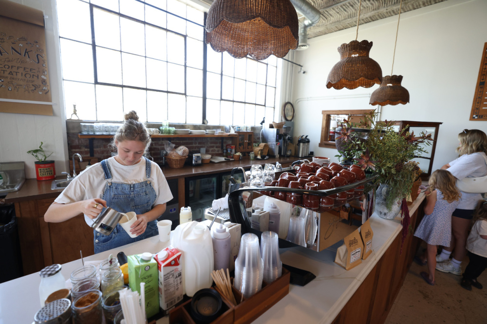 Baristas make coffee drinks for customers at Hank's Coffee Station in Columbia, Tennessee.