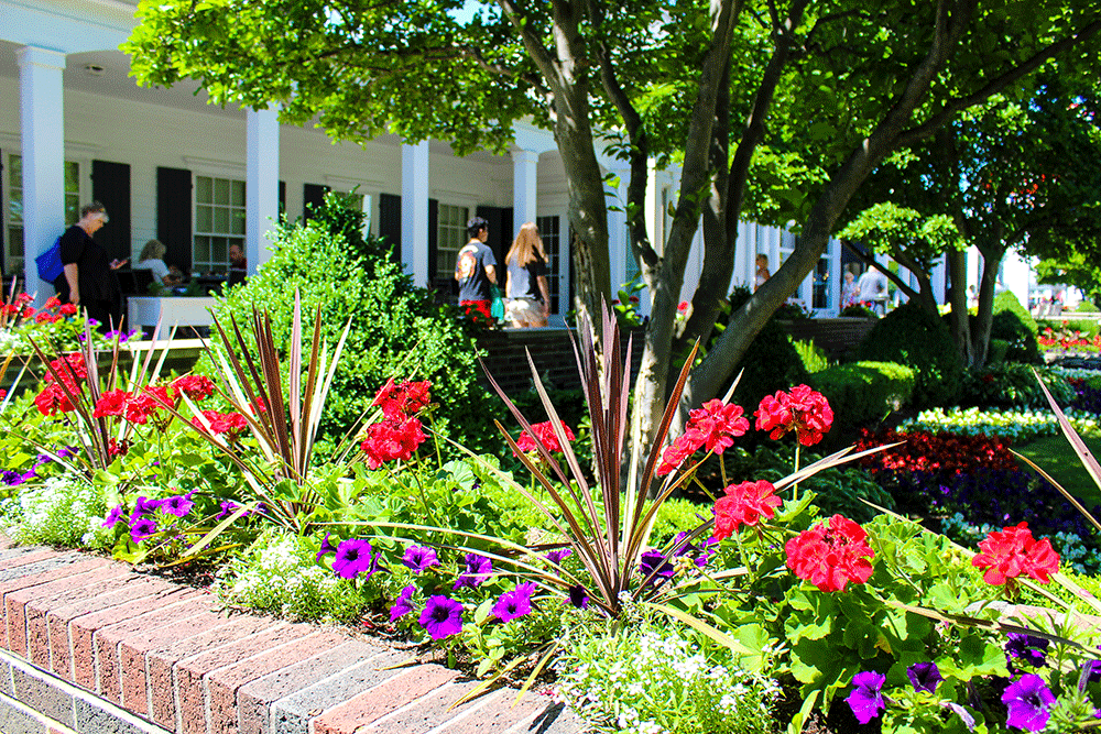 Pretty flowers dot the landscape of downtown Frankenmuth, MI