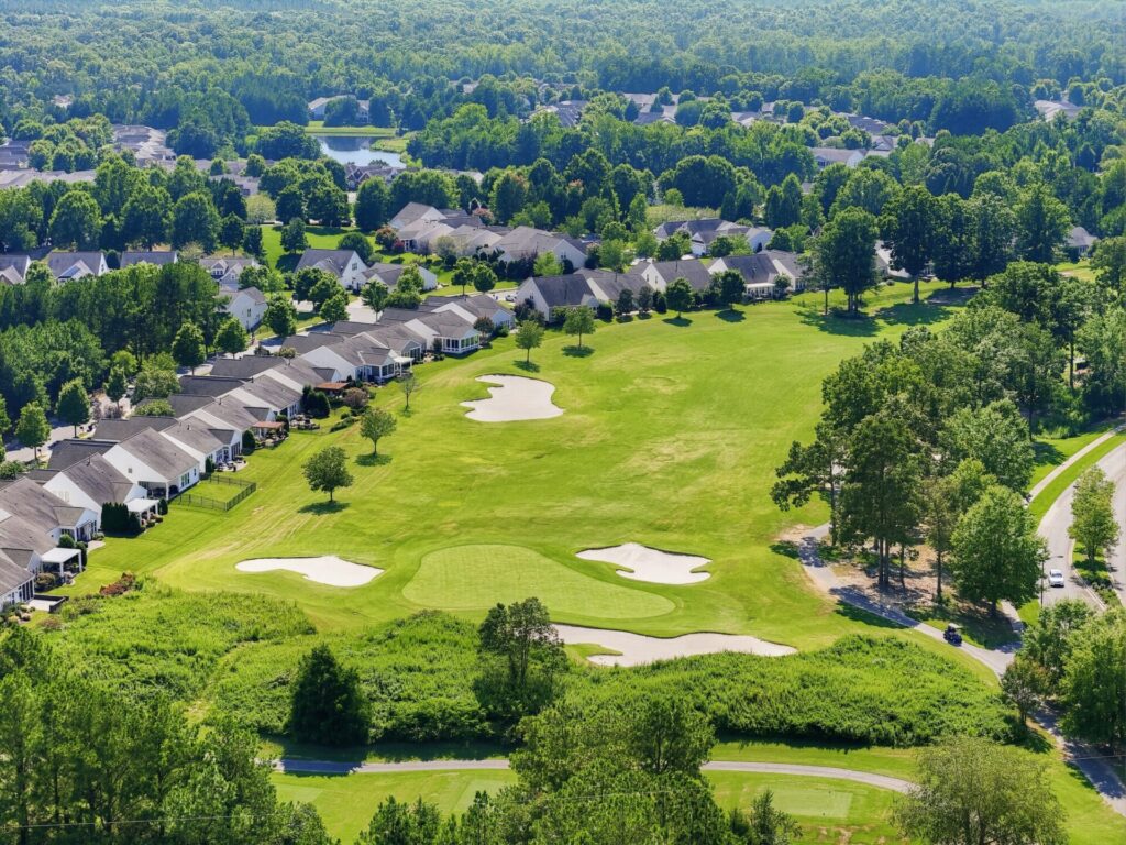 Aerial view of a green at the Carolina Lake Golf Club