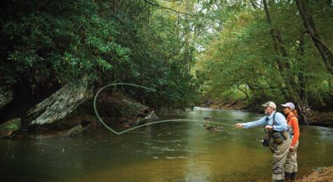 Men standing in knee-deep river water casting a fly fishing rod.