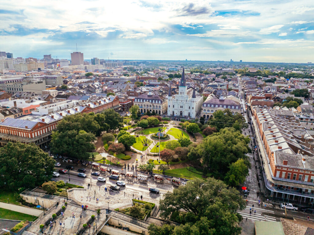 Aerial View of New Orleans, Louisiana, USA on the Mississippi River in Summer.