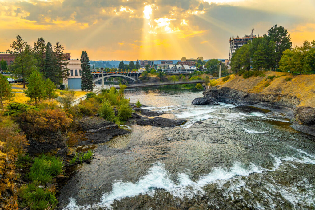 Spokane Falls urban waterfall in downtown Spokane Washington.