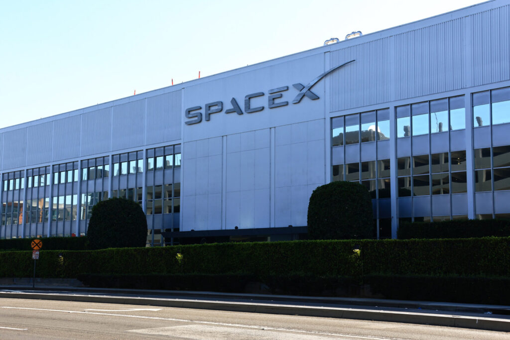 Hawthorne, California – May 31, 2026: Exterior of SpaceX aerospace company headquarters building at 1 Rocket Road