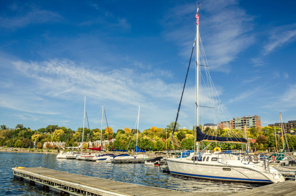 Boardwalk and boat docks along Lake Champlain in Burlington Vermont.