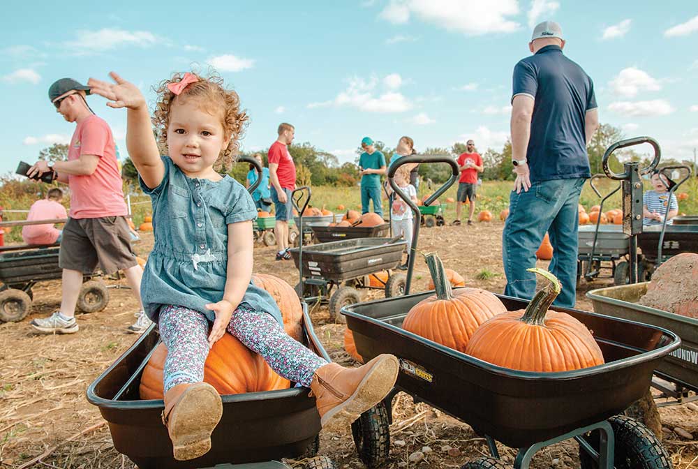 Families enjoy fall festivities at the pumpkin patch at Young's Jersey Dairy in Ohio.