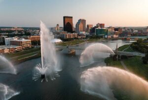 The Five Rivers Fountain of Lights shoot water 200 feet into the air at the confluence of the Miami and MadRivers near Riverscape Metro Park in downtown Dayton.