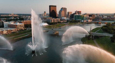 The Five Rivers Fountain of Lights shoot water 200 feet into the air at the confluence of the Miami and MadRivers near Riverscape Metro Park in downtown Dayton.
