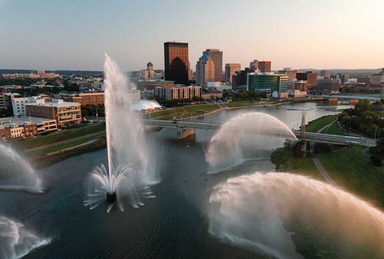 The Five Rivers Fountain of Lights shoot water 200 feet into the air at the confluence of the Miami and MadRivers near Riverscape Metro Park in downtown Dayton.