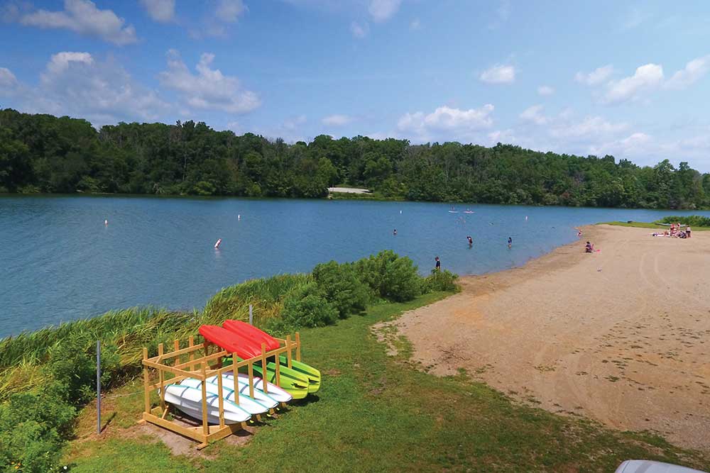 Colorful plastic kayaks resting on a sandy beach next to a calm lake.