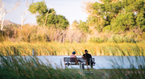 People enjoy and some cycle the Mojave River Walk in the Mojave Narrows Regional Park, Victorville, Calif.,
