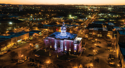 The Rutherford County Historic Courthouse lights up on the Square at dusk in downtown Murfreesboro, TN.