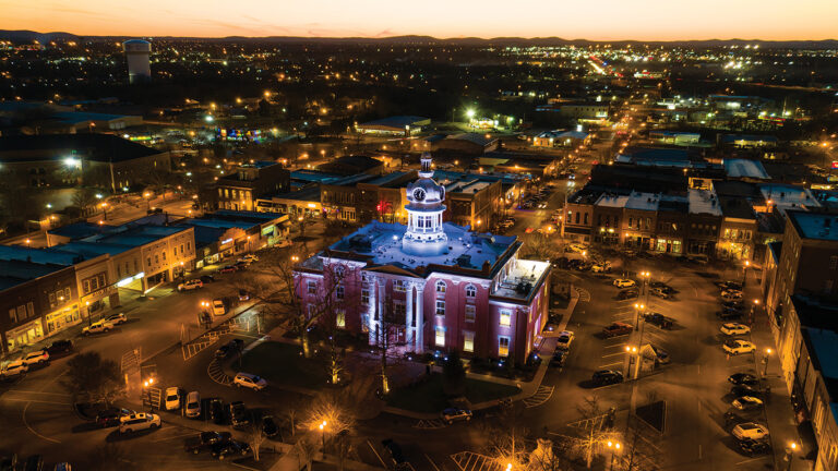 The Rutherford County Historic Courthouse lights up on the Square at dusk in downtown Murfreesboro, TN.