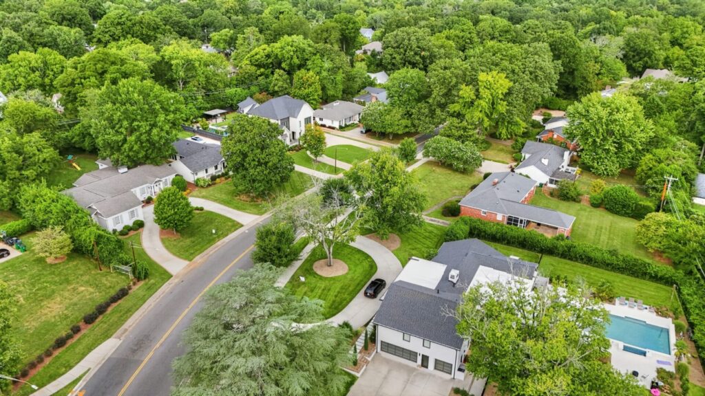 Aerial view of the Barclay Downs neighborhood in Charlotte