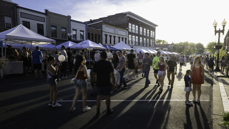 Visitors stroll around the vendors during First Fridays, put on by Columbia Main Street, in downtown Columbia, TN.