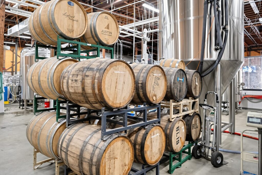 Barrels and conical fermenters at Cabarrus Brewing Company in Concord, NC