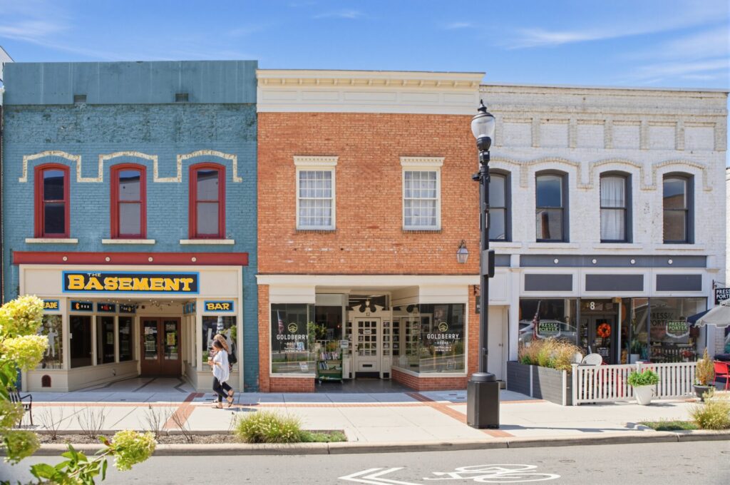 The Basement, Goldberry Books and Press & Porter storefronts in Concord