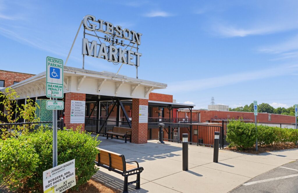 Outside the Gibson Mill Market's grand marquee