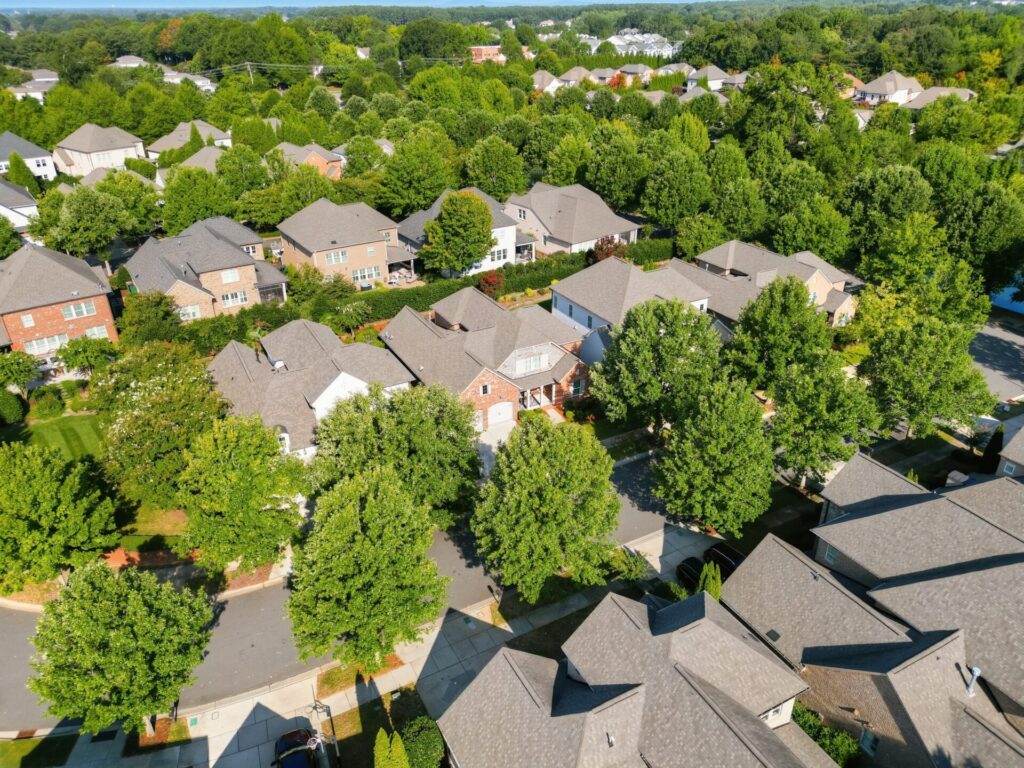 Aerial view of homes in Robbins Park of Cornelius, NC