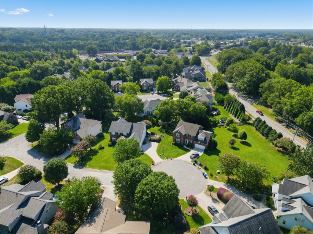 Aerial view of Crown Harbor homes in Cornelius, NC