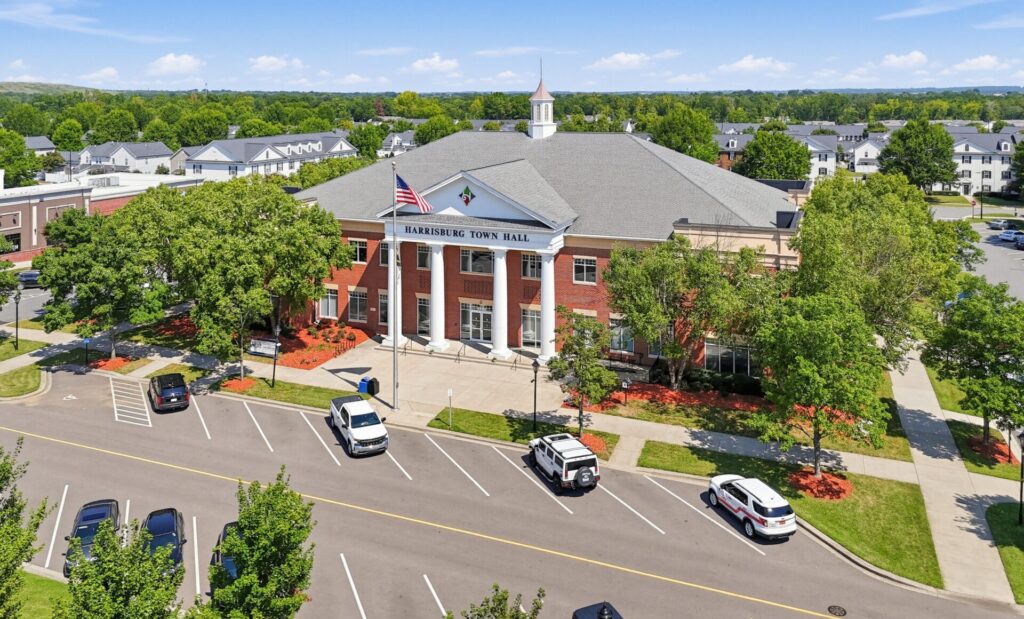 An aerial view of Harrisburg Town Hall in Harrisburg, NC.