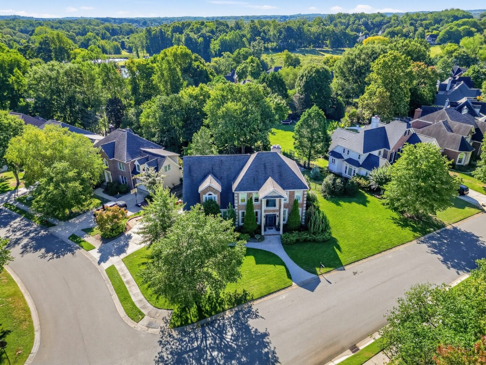 Aerial view of homes in the NorthStone neighborhood of Huntersville, NC.