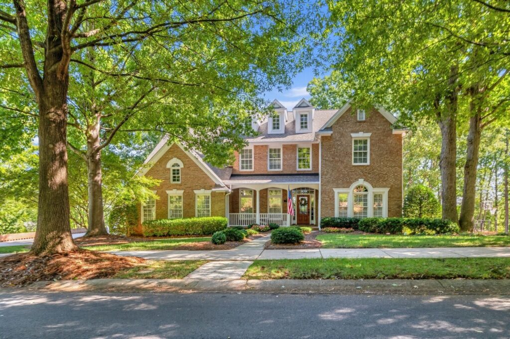 The Skybrook neighborhood in Huntersville, NC, features sidewalks and tree-lined streets.