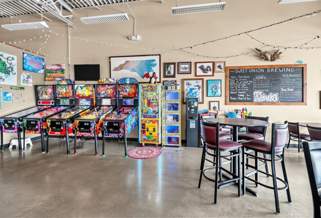 Pinball machines add to the fun vibe at Sweet Union Brewing in Indian Trail, NC.