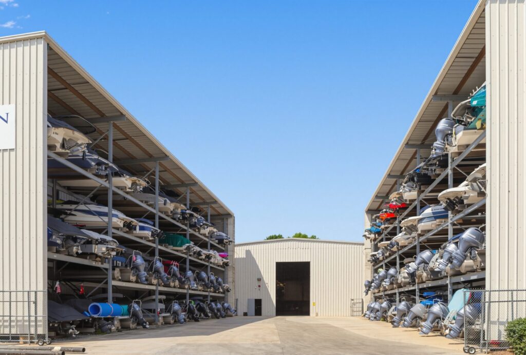 Stacked boats at Lake Norman Marina dry dock