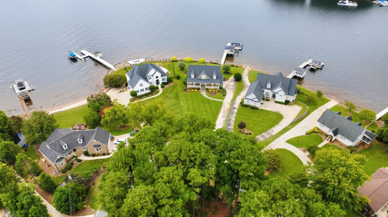 Aerial view of houses in Island Point of Lake Norman of Catawba, NC