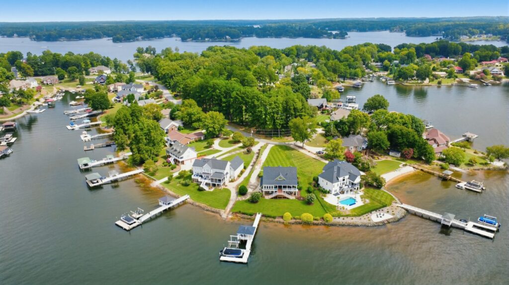 Aerial view of houses in Island Point of Lake Norman of Catawba, NC