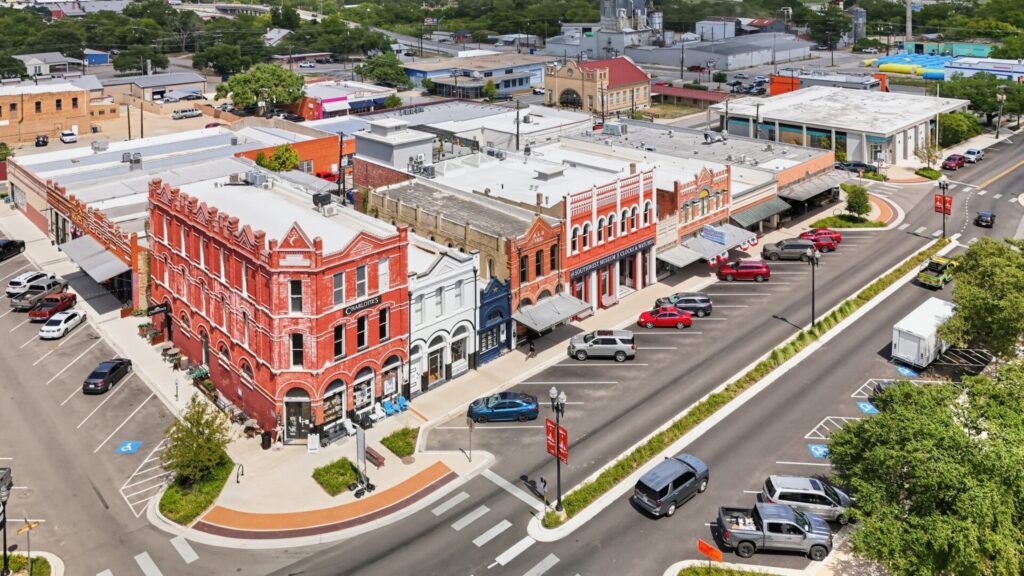 Aerial view of shops along East San Antonio Street in Lockhart
